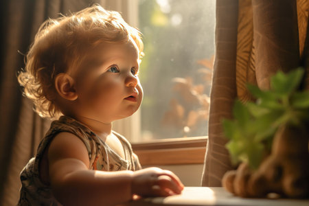Close up of a child alone in a room with a window and natural lightの素材