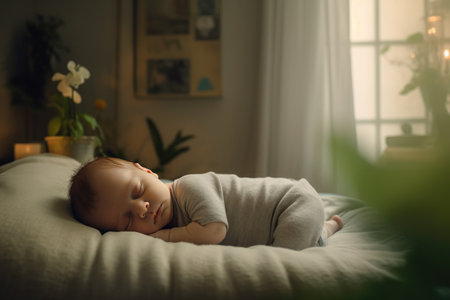 Close up of a lovely baby sleeping alone with copyspace backgroundの素材