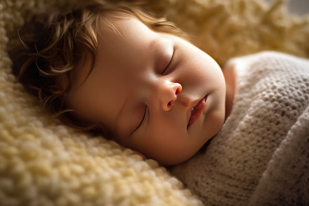 Close up of a lovely baby sleeping alone with copyspace backgroundの素材