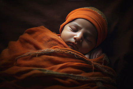 Close up of a lovely Hindu baby sleeping alone with copyspace backgroundの素材
