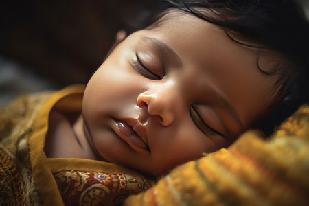 Close up of a lovely Hindu baby sleeping alone with copyspace backgroundの素材