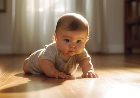 Close up of an isolated baby crawling on the home floorの素材