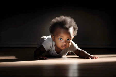 Close up of an African American baby crawling on the home floorの素材