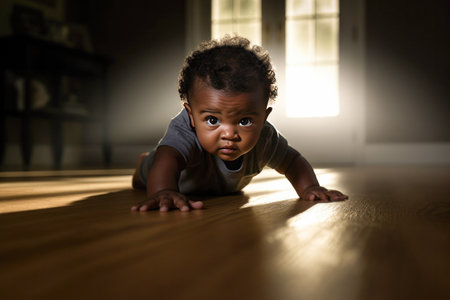 Close up of an African American baby crawling on the home floorの素材