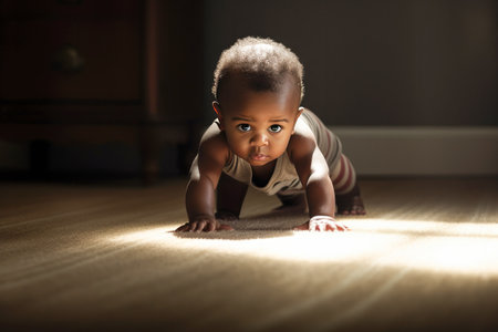 Close up of an African American baby crawling on the home floorの素材