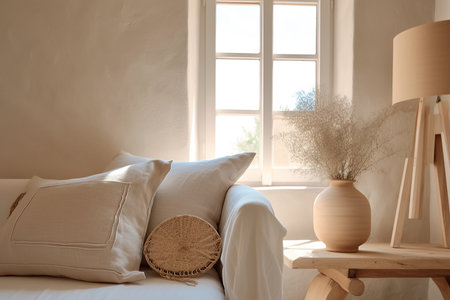 Mediterranean interior design composition with pillows - Minimalistic concept. Generative AIの素材