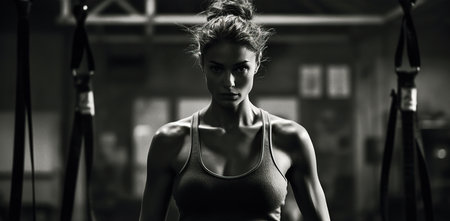 Close up of a woman alone in the gym about to work out. Generative AIの素材