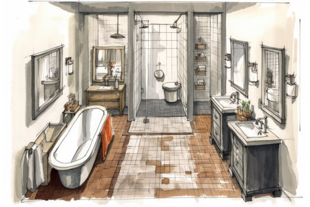 Floor plan for a new bathroom drawn by an architect. Generative AIの素材