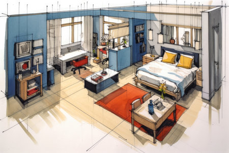 Floor plan for a new bedroom drawn by an architect. Generative AIの素材