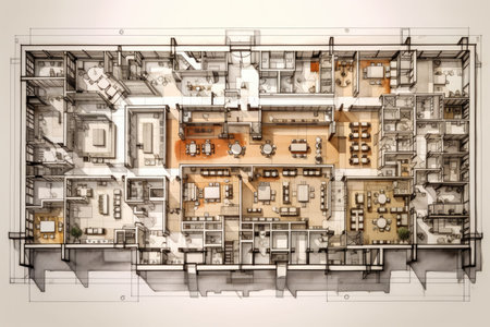 Floor plan for a new spacious office drawn by an architect. Generative AIの素材