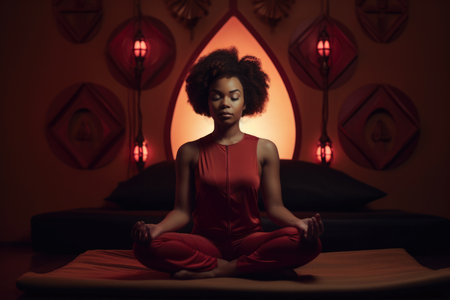 Black woman practicing yoga at home. Generative AI.の素材