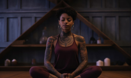 Black woman practicing yoga at home. Generative AI.の素材