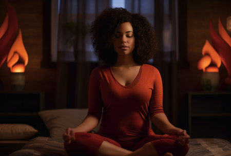 Black woman practicing yoga at home. Generative AI.の素材