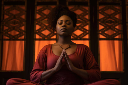 Black woman practicing yoga at home. Generative AI.の素材