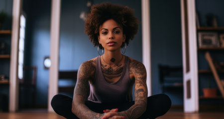 Black woman practicing yoga at home. Generative AI.の素材