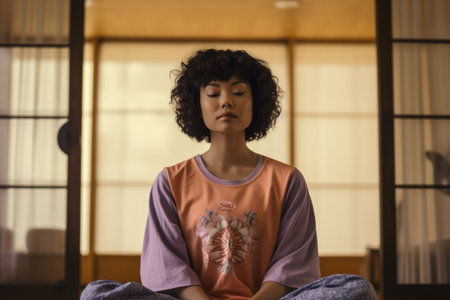 Japanese woman meditating alone at home. Generative AIの素材