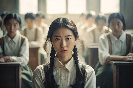Close up of an asian student girl at school classroom. Generative AIの素材