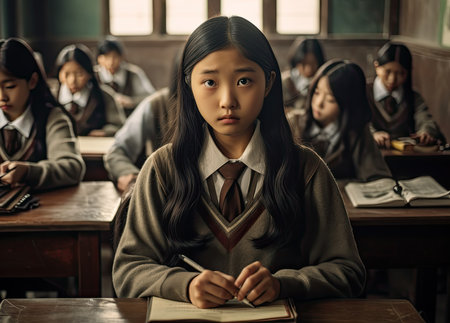 Close up of an asian student girl at school classroom. Generative AIの素材