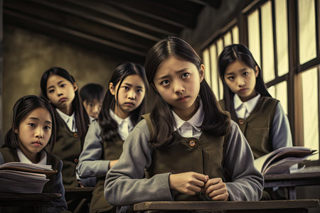 Close up of an asian student girl at school classroom. Generative AIの素材