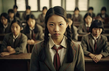 Close up of an asian student girl at school classroom. Generative AIの素材