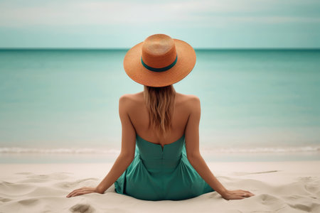 Woman with a hat and long dress sitting on the beach and contemplating the sea. Portraying travel concept. Generative AI.の素材