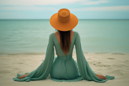 Woman with a hat and long dress sitting on the beach and contemplating the sea. Portraying travel concept. Generative AI.の素材