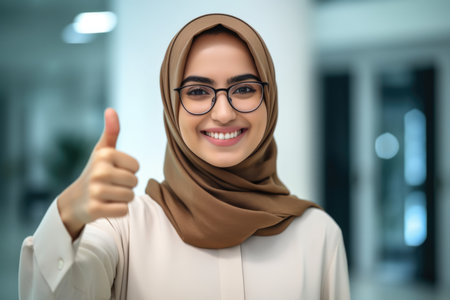 Close up of a woman at work smiling with a thumb up. Generative AIの素材