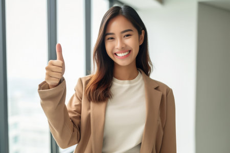 Close up of a woman at work smiling with a thumb up. Generative AIの素材