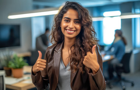 Close up of a woman at work smiling with a thumb up. Generative AIの素材