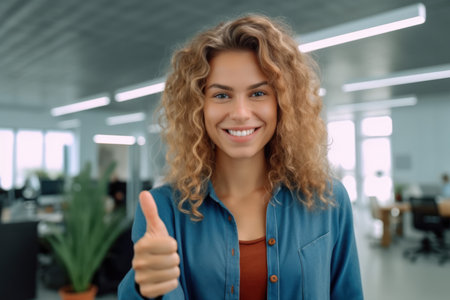 Close up of a woman at work smiling with a thumb up. Generative AIの素材
