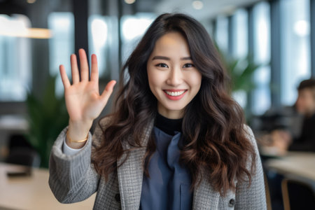 Close up of a woman at work smiling at her workplace and giving a high five to the camera. Generative AIの素材