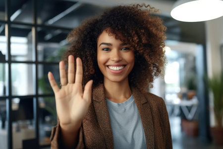 Close up of a woman at work smiling at her workplace and giving a high five to the camera. Generative AIの素材