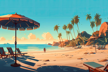 Flat illustration of a beach on a sunny day. Conceptual artwork on holidays and travel. Generative AIの素材