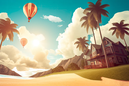Flat illustration of a beach on a sunny day. Conceptual artwork on holidays and travel. Generative AIの素材