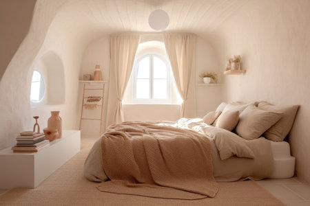 Bedroom with minimalist staging in beige and clean colors. Home decoration concept. Generative AIの素材