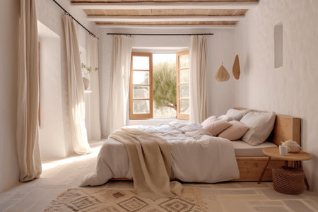 Bedroom with minimalist staging in beige and clean colors. Home decoration concept. Generative AIの素材