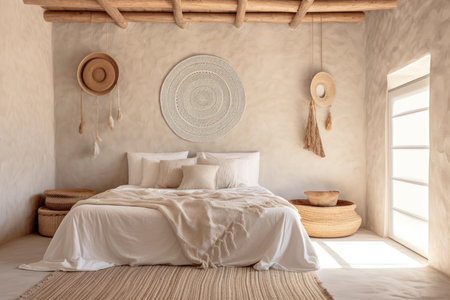 Bedroom with minimalist staging in beige and clean colors. Home decoration concept. Generative AIの素材