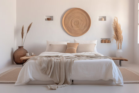 Bedroom in Mediterranean style with minimalist staging and clean colors. Home decoration concept. Generative AIの素材
