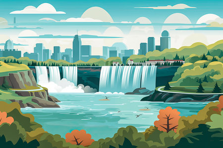 Flat illustration of waterfall with a landscape background.の素材