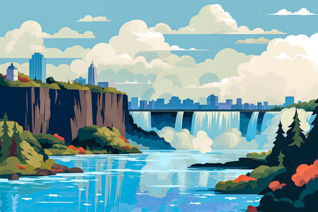 Flat illustration of waterfall with a landscape background.の素材