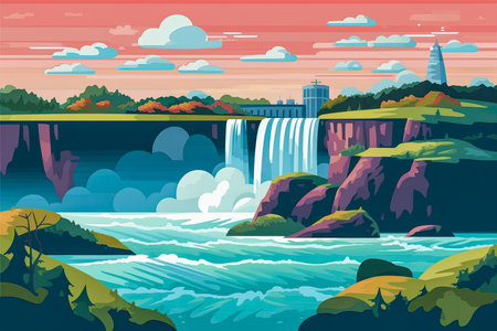 Flat illustration of waterfall with a landscape background.の素材