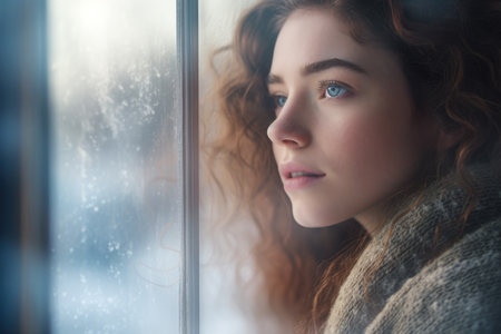 Close up of a young woman contemplating a winter scene from her window. Generative AIの素材