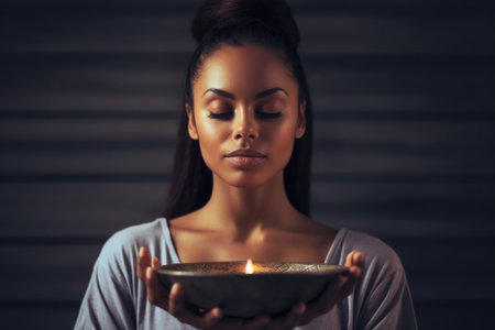 Close up of a young woman meditating. Concept image on alternative ways to nurture our bodies and minds. Generative AIの素材