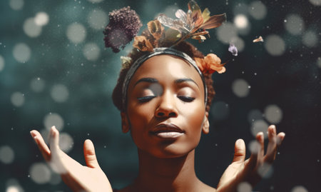 Close up of a young woman meditating. Concept image on alternative ways to nurture our bodies and minds. Generative AIの素材