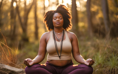 Close up of an African American woman practicing meditation outdoors. Generative AIの素材