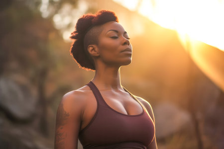 Close up of an African American woman practicing meditation outdoors. Generative AIの素材