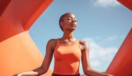 Close up of an African American woman practicing meditation outdoors. Generative AIの素材