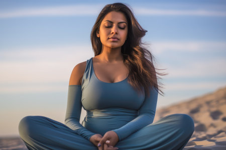 Close up of a hindi woman practicing meditation at the beach. Generative AI.の素材
