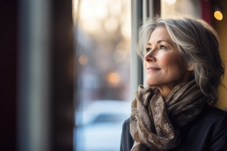Close up of a senior woman contemplating a winter scene from her window. Generative AIの素材