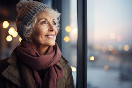 Close up of a senior woman contemplating a winter scene from her window. Generative AIの素材
